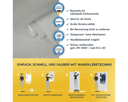 Rolle Vliestapete mit Blätterstruktur und Informationen zu Eigenschaften und Verarbeitung