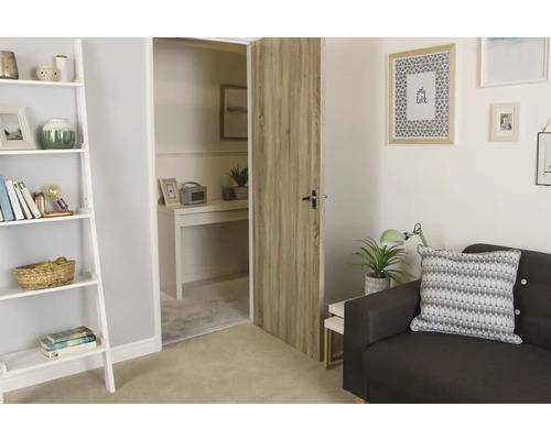 Helle, moderne Wohnung mit Tür, Sofa und Dekoration