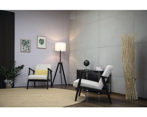 Einrichtungsidee mit zwei Sesseln, einem Teppich, einer Stehlampe und dekorativen Elementen