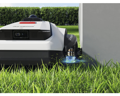 Mähroboter auf Rasen in der Nähe einer Mauer