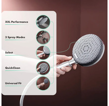 Handbrause mit verschiedenen Funktionen: XXL Performance, 3 Strahlarten, Select, QuickClean und Universal Fit.