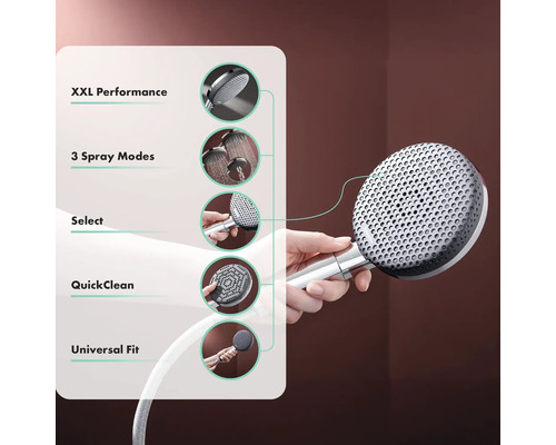 Handbrause mit verschiedenen Funktionen: XXL Performance, 3 Strahlarten, Select, QuickClean und Universal Fit.