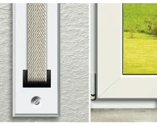 Detailansicht eines Fensterrahmens mit Gurtwickler