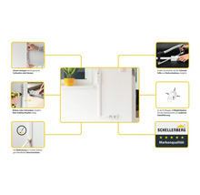 Anwendungsbeispiele für eine Kabelführungsschiene mit Schneidhilfe und Bohrschablone. Die Kabelführungsschiene kann geklebt, geschraubt oder mit Farbe überstrichen werden. Schellenberg Logo mit fünf Sternen für Markenqualität.