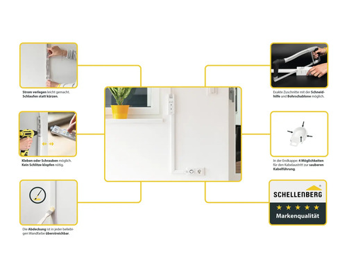 Anwendungsbeispiele für eine Kabelführungsschiene mit Schneidhilfe und Bohrschablone. Die Kabelführungsschiene kann geklebt, geschraubt oder mit Farbe überstrichen werden. Schellenberg Logo mit fünf Sternen für Markenqualität.