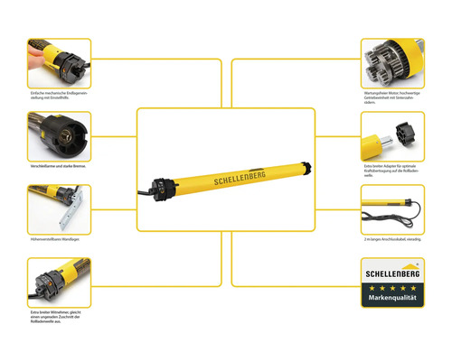 Schellenberg Rollladenmotor mit Zubehör-Details und Markenqualitäts-Siegel