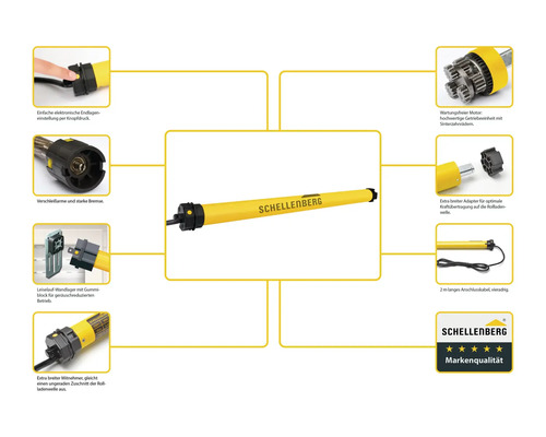 Schellenberg Rollladenmotor mit Details zu elektronischer Endlageneinstellung, wartungsfreiem Motor, Verschleißarme, leisem Wandlager, extra breitem Adapter, langem Anschlusskabel und Schellenberg Logo mit Markenqualität Siegel