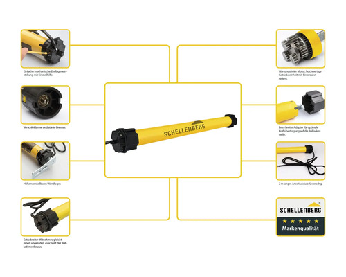 Schellenberg Rollladenmotor mit Details zu Endlageneinstellung, Bremse, Adapter, Wandlager und Kabel