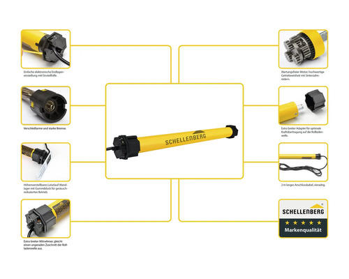 Schellenberg Rollladenmotor mit Zubehördetails und Schellenberg Logo