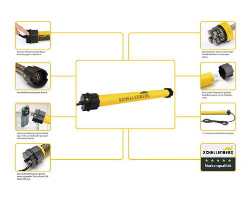 Schellenberg Rollladenmotor mit Details zu den Produkteigenschaften und Schellenberg Markenqualitätslogo