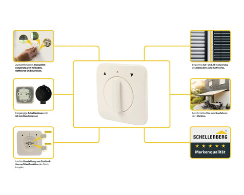 Drehschalter zur manuellen Steuerung von Rollläden, Jalousien und Markisen mit Schellenberg Logo