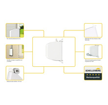 Illustration eines Schellenberg Aufschraubwicklers mit 5.0 Meter Gurtband und Markenqualitäts-Siegel