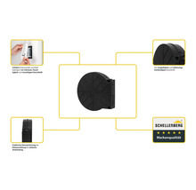 Illustration eines Schellenberg Gurtwickler Einbaukastens, der Einlasswickler und Rolladengurt schützt und aus langlebigem Kunststoff besteht. Schellenberg Logo.