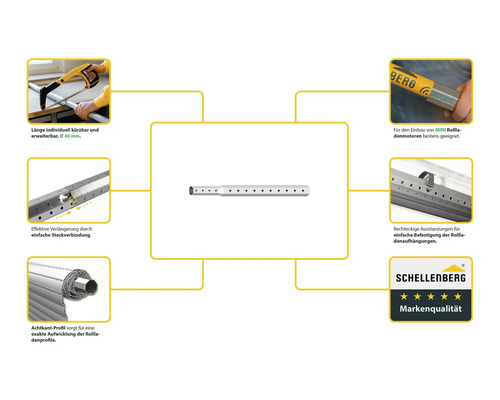 Schellenberg Achtkant-Rollladenwelle mit Details zur Anwendung und Montage