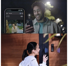 Mann nutzt eine intelligente Türklingel per Smartphone, während eine Frau die Türklingel benutzt.