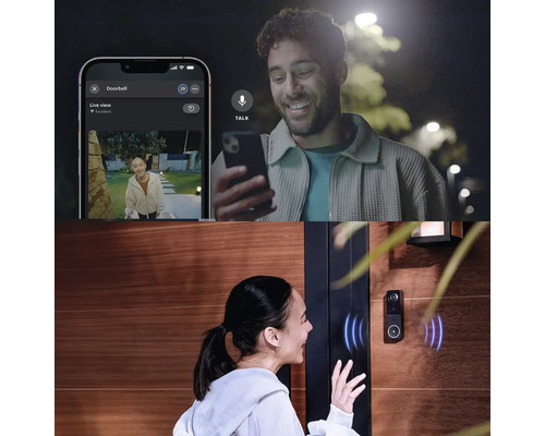 Mann nutzt eine intelligente Türklingel per Smartphone, während eine Frau die Türklingel benutzt.