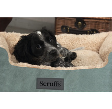 Schwarzer Welpe liegt im Scruffs Hundebett.