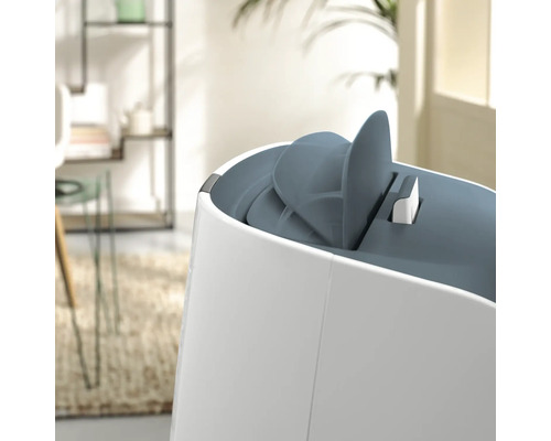 Detailansicht eines Abfallbehälters mit Schwingdeckel für den Innenbereich.