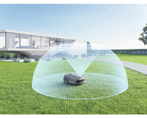 Rasenmäherroboter in einem Garten vor einem modernen Haus, der den Mähbereich anzeigt