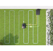 Rasenroboter fährt auf einer Rasenfläche mit Ladestation