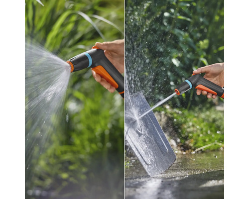 Gartenspritzpistole im Einsatz zum Reinigen einer Schaufel und zum Bewässern von Pflanzen