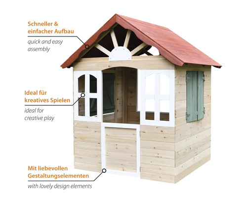 Spielhaus aus Holz mit rotem Dach und weißen Akzenten