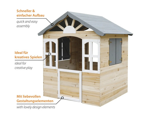 Spielhaus aus Holz mit grauen Akzenten