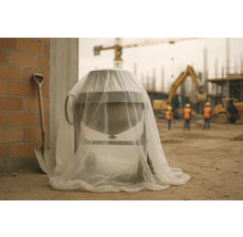 Betonmischer mit Schutzfolie auf einer Baustelle, neben einer Schaufel.