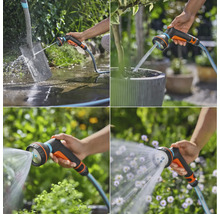 Collage verschiedener Anwendungen einer Gartenspritze zum Reinigen und Bewässern
