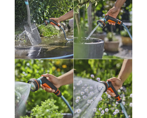 Collage verschiedener Anwendungen einer Gartenspritze zum Reinigen und Bewässern
