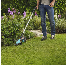 Eine Person benutzt eine Akku-Grasschere mit Stiel im Garten.
