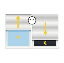 Illustration eines Rollladens, der sich tagsüber öffnet und nachts schließt