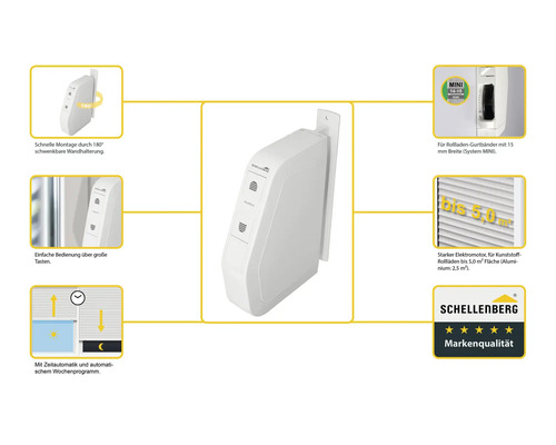Schellenberg Rollotron Gurtwickler mit Montageinformationen und Produkteigenschaften