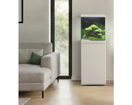 Aquarium mit Unterschrank und Bepflanzung in Wohnzimmerumgebung