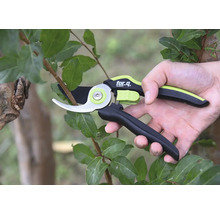 Eine Hand bedient eine Gartenschere von for_q an einem Ast.