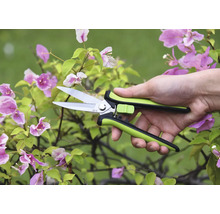 Gartenschere in einer Hand vor einer blühenden Pflanze