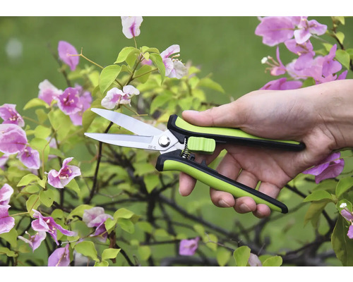 Gartenschere in einer Hand vor einer blühenden Pflanze