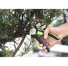 Eine Person schneidet einen Ast mit einer Gartenschere der Marke For Q.