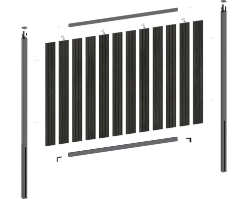 Explosionszeichnung eines Zaunelements mit Zaunpfosten und Lamellen