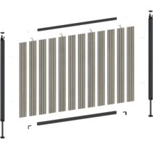 Explosionszeichnung eines Zaunsystems mit Pfosten, Lamellen und Montagematerial