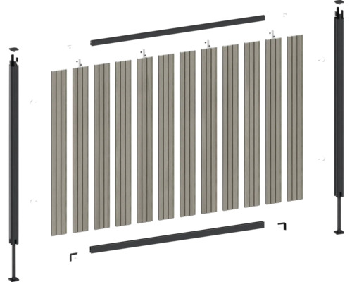 Explosionszeichnung eines Zaunsystems mit Pfosten, Lamellen und Montagematerial
