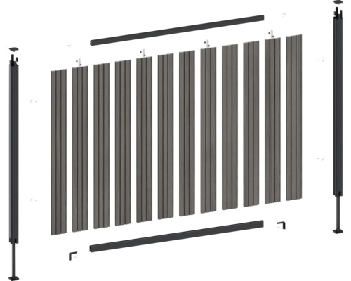 Explosionszeichnung eines Sichtschutzzauns mit Pfosten und Lamellen