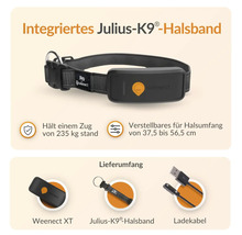 Integriertes Julius K9 Hundeortungshalsband mit Weenect XT, verstellbar für einen Halsumfang von 37,5 bis 56,5 Zentimeter, inklusive Ladekabel