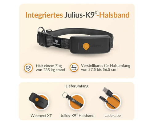 Integriertes Julius K9 Hundeortungshalsband mit Weenect XT, verstellbar für einen Halsumfang von 37,5 bis 56,5 Zentimeter, inklusive Ladekabel