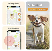 Illustration eines Hundetrackers mit zugehöriger Smartphone-App zur Überwachung von Trainingsmodulen und Sicherheitszonen.