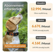 Hund mit Trackerhalsband und Informationen zu Abonnementpreisen