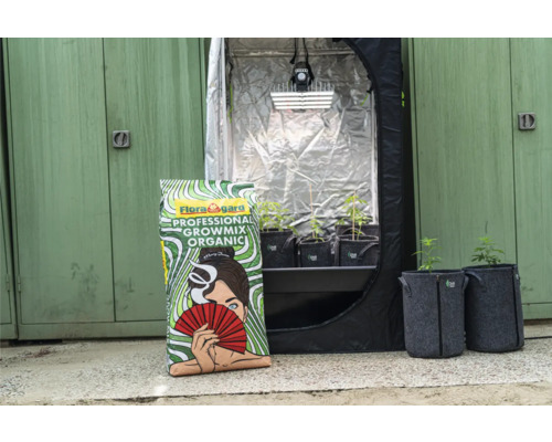 Flora Gard Professional Growmix Organic neben Growbox und Pflanzen
