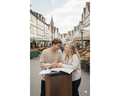 Ein Paar steht an einem Stehtisch auf einem Marktplatz und betrachtet eine Karte.