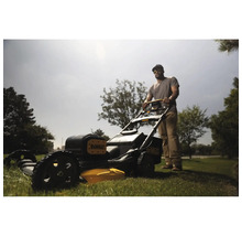 Ein Mann bedient einen Rasenmäher der Marke DeWalt auf einer Rasenfläche.