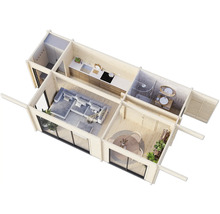 Grundriss eines Holzhauses mit Wohnzimmer, Küche, Bad und Essbereich